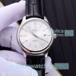 Perfect Replica Rolex Cellini Silver Bezel Black Leather Strap Watch